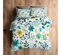 Single Duvet Cover Set Green Floral Bedding - 2 Piece with 1 Pillowcase, Watercolor Flower Printed Design, for Bedroom Decor, Soft Brushed Microfiber, Zip Fastening - XI365
