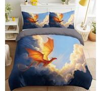 Single Duvet Cover Set Grey, Fantasy Epic Bedding Set with 1 Pillowcase Breathable Lightweight Dragon Sky Cloud Sunlight Majestic Quilt Cover with Zipper for Family and friends
