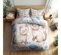 Single Duvet Cover Set Hand drawn animal cat star cloud, Soft Easy Care Reversible Printed Luxury Bedding Set, Brushed Microfiber Breathable Duvet Covers with Pillowcase (White 135 x 200 cm)