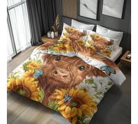 Single Duvet Cover Set Highland Cow Bedding - 2 Piece with 1 Pillowcase, Cute Farm Animals Sunflower Printed Design, for Bedroom Decor, Soft Brushed Microfiber, Zip Fastening - IL103