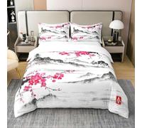 Single Duvet Cover Set Japanese Cherry Blossoms Soft Microfiber Watercolor and Ink Style Bedding 3D Printed Quilt Cover 135x200 and 2 Pillowcases 50x75 with Zipper Closure Easy Care E-3242