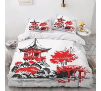 Single Duvet Cover Set Japanese Style Soft Microfibre Bedding Set 3D Printed Hand-Drawn Architecture Quilt Cover 150x200 cm with Zipper Closure with 2 Pillowcases 50x75 cm f.1587