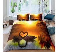 Single Duvet Cover Set Love-Shaped Swan 3D Printed Sunset Lake Bedding Set Brushed Microfibre Quilt Cover 135x200 cm with Zipper Closure and 2 Pillowcases 50x75 cm d-2281