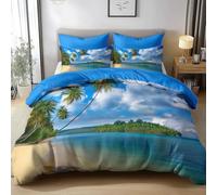 Single Duvet Cover Set Palm Trees and Beach Reversible Printed Bedding Set Breathable Microfibre Hawaiian Tropical Coast Quilt Cover 135 x 200 cm with 2 Pillowcases Machine Washable Easy Care d-1073