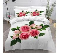 Single Duvet Cover Set Pink Rose Soft Microfiber Plants and Flowers Bedding 3D Printed Quilt Cover 135x200 and 2 Pillowcases with Zipper Closure Easy Care B-1107