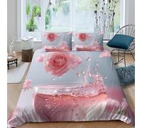 Single Duvet Cover Set Pink Roses Soft Microfibre Bedding Set 3D Printed Romantic Style Quilt Cover 135x200 cm with Zipper Closure with 2 Pillowcases 50x75 cm g.3452