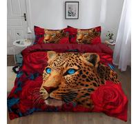 Single Duvet Cover Set: Premium Brushed Microfiber Bedding 135 x 200 cm Quilt Cover with Surrealism Red Rose Leopard Design for Teens aldult Bedroom, Red, Universal for all seasons Suitable