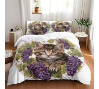 Single Duvet Cover Set Purple Grape Cat Duvet Cover Sets Soft Breathable Microfiber Machine Washable Includes Pillow Cases 2 Pack 50x75 cm Bedding 140x200 cm