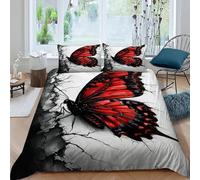 Single Duvet Cover Set Red Butterfly Bedding Sets 3D Printed Animal Prints Brushed Soft Microfiber Quilt Cover 135x200 cm with Zipper Closure and 2 Pillowcases 50x75 cm A-3368
