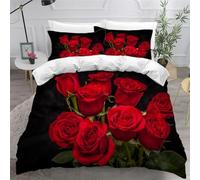 Single Duvet Cover Set Red Roses Soft Microfibre Bedding Set 3D Printed Beautiful Flowers Quilt Cover 150x200 cm with Zipper Closure with 2 Pillowcases 50x75 cm g.3033