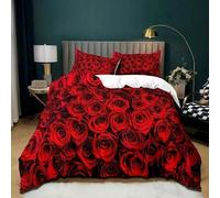Single Duvet Cover Set Red Roses Soft Microfibre Bedding Set 3D Printed Romantic Style Quilt Cover 135x200 cm with Zipper Closure with 2 Pillowcases 50x75 cm g.2384
