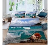 Single Duvet Cover Set Seashell Soft Microfiber Blue-Green Waves Bedding 3D Printed Quilt Cover 135x200 and 2 Pillowcases 50x75 with Zipper Closure Easy Care G.224