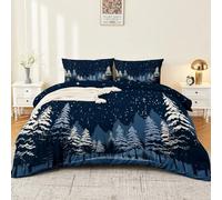 Single Duvet Cover Set Size 135 x 200 cm With Pillowcase, Soft Navy Blue Brushed Microfiber Bedding with Zipper Closure and 4 Corner Ties - Simple Night Sky Stars Winter Forest Printed Duvet Cover