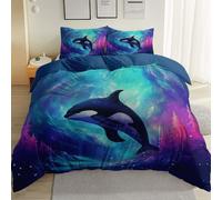 Single Duvet Cover Set Size 135 x 200 cm With Pillowcase, Soft Navy Blue Brushed Microfiber Bedding with Zipper Closure and 4 Corner Ties - Fantasy Ocean Animals Whales Printed duvet cover