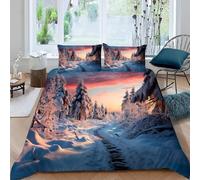Single Duvet Cover Set Snowy Mountain Plantation 3D Printed Natural Scenery Bedding Set Brushed Microfibre Quilt Cover 135x200 cm with Zipper Closure and 2 Pillowcases 50x75 cm f-2767