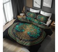 Single Duvet Cover Set Tree of Life Bedding - 2 Piece with 1 Pillowcase, Green Fantasy Printed Design, for Bedroom Decor, Soft Brushed Microfiber, Zip Fastening - JZ350