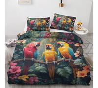 Single Duvet Cover Set Tropical Birds - Jungle Parrot Bedding 2 Piece with 1 Pillow Case - Reversible Design & Bedroom Decorations - Soft Microfibre Quilt Cover with Zip M&-4014