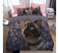 Single Duvet Cover Set Warriors Style Microfiber Bedding Set Brown Cat Lavender Breathable Quilt Cover 135 x 200 cm with Zipper Closure and 1 Pillowcases 50x75cm,Purple