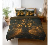 Single Duvet Cover Set with Pillowcases, Reversible Soft Microfibre Bedding Set, Ancient Tree Firefly Hidden Zip Closure, Breathable, Wrinkle & Fade Resistant, Easy Care, Gold