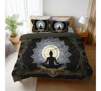 Single Duvet Cover Set with Pillowcases, Reversible Soft Microfibre Bedding Set, Mandala Lotus Silhouette Hidden Zip Closure, Breathable, Wrinkle & Fade Resistant, Easy Care, Black