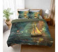 Single Duvet Cover Set with Pillowcases, Reversible Soft Microfibre Bedding Set, Sailboat Reflection Fantasy Hidden Zip Closure, Breathable, Wrinkle & Fade Resistant, Easy Care, Gold