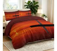 Single Duvet Cover Sets - Aesthetic Coastal Sunset Seascape Lighthouse Reversible Breathable Bedding with Zipper, Red Orange Stylish Microfiber Modern Minimalist Printed Quilt Cover for All Season