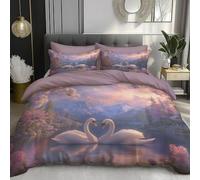 Single Duvet Cover Sets, Dream Theme Romantic White Swan Bedding Sets with Zipper Closure, 2 Piece Patterned Bedding Set, Ultra Soft Microfiber Duvet Cover with 4 Corner Ties (135x200cm, pink)