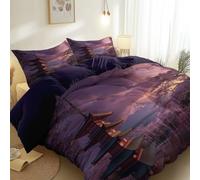Single Duvet Cover Sets Oriental Japanese Pagoda Architecture, Brushed Microfiber Duvet Cover Soft Hypoallergenic Dark Purple Reversible Bedding Set for Teens and Adults Bedroom