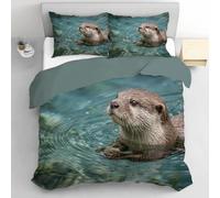 Single Duvet Cover Sets - Otter Bedding Set with Pillowcases, Ultrasoft Nature Photography Non Iron Reversible Quilt Cover with Zipper Closure, Emerald Green 135x200cm