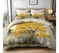 Single Duvet Cover Sets - Premium Poly Cotton Duvet Cover Sets Illustration Ginkgo Tree Line Drawing Ultra Soft Hypoallergenic Bedding Set With Zipper Closure, Yellow, 135 x 200 cm