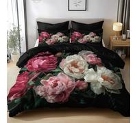 Single Duvet Cover Sets - Premium Poly Cotton Duvet Cover Sets Watercolor Painting Peony Pattern Ultra Soft Hypoallergenic Bedding Set With Zipper Closure, Black, 135 x 200 cm