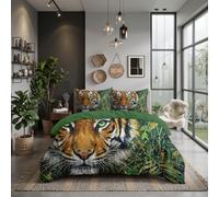Single Duvet Cover Sets Realistic wild animal portraits Dark green Bedding Set|3-Piece,Soft Microfiber Tropical jungle greenery Duvet Cover 135*200cm Zipper Closure with 2 Pillowcases,for All Season