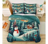 Single Duvet Cover Sets, Reversible Cute Christmas Snowman House Forest Printed Bedding Bed Set, Brushed Microfiber Hypoallergenic Colorful Quilt Covers, 135 x 200 cm for autumn and winter use