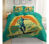 Single Duvet Cover Sets, Reversible Retro Nautical Waves Bedding - Soft Microfibre Duvet Cover Set with Pillow Cases (1 Comforter Cover +2 Pillow Cases) Machine Washable Green