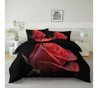 Single Duvet Cover Sets - Soft Plants Flowers Red Roses Dewdrops Bedding Set Printed Photography Duvet Cover 135 x 200 cm, Lightweight Breathable Bedding with Pillowcases for Kids Girls Teens Adults