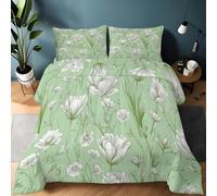 Single Duvet Impressionist Art Plants And Flowers Quilted Bedspreads Reversible Design Light Green Duvet, Soft Lightweight Comforter Set All Season Bedding Set 135 x 200 cm