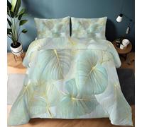 Single Duvet Modern Luxury Plants Monstera Leaves Stripes Quilted Bedspreads Reversible Design Light Green Duvet, Soft Lightweight Comforter Set All Season Bedding Set 135 x 200 cm