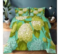 Single Duvet Retro Flowers Hydrangea Leaves Quilted Bedspreads Reversible Design Light Green Duvet, Soft Lightweight Comforter Set All Season Bedding Set 135 x 200 cm