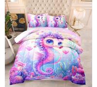 Single Duvet Seahorse Pink Double Quilt Soft Touch Polyester Lightweight and Machine Washable Single Quilt Stitched Coverless Duvet and Pillow Set 172x218 cm