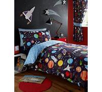 Single Duvet set & Curtains - Navy Blue Outer Space Planets & Rockets (Single Set (no curtains))