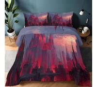 Single Duvet Set Gothic Fantasy City, Brushed Microfiber Red Quilt, Ultra Soft Cosy Warm Comforter Set 135x200 cm Non Iron Hypoallergenic Bedding with 2 Matching Pillowcases