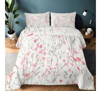 Single Duvet Set Hand Drawn Plants Flowers, Brushed Microfiber White Quilt, Ultra Soft Cosy Warm Comforter Set 135x200 cm Non Iron Hypoallergenic Bedding with 2 Matching Pillowcases