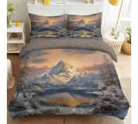 Single Duvet Set Landscape, Warm, Magnificent Brushed Microfiber with Pillowcases and 30cm Deep Fitted Bed Sheet for Boys & Girls Soft Breathable Snow Mountain, Pine Tree
