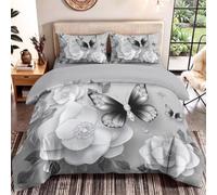 Single Duvet Set Nordic, Minimalist, Botanical Brushed Microfiber with Pillowcases and 30cm Deep Fitted Bed Sheet for Boys & Girls Soft Breathable Black and White, Butterfly, Flowers