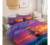Single Duvet Set Ocean Waves Sunset Sailboat Reversible Duvet Cover 135 x 200 cm, Ultrasoft Hypoallergenic Non Iron Oil Painting Style Luxury Quilt Cover Bedding Sets with Zipper Closure