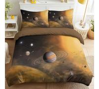 Single Duvet Set Outer Space, Sci-Fi Tech Brushed Microfiber with Pillowcases and 30cm Deep Fitted Bed Sheet Soft Breathable Planets, sun, space