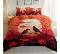 Single Duvet Set Premium Brushed Microfiber Duvet Cover 135 x 200 cm, Luxury Reversible Abstract Sunset Animals And Birds theme Bedding For Adult, Easy Care Orange Printed Quilted Bedding Bed Sets