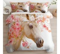 Single Duvet Set, Soft Watercolor Flowers Animals Pony Printed Bedding Set Colorful Brushed Microfiber Duvet Cover with Zipper Closure - 135 x 200 cm Suitable for autumn and winter use