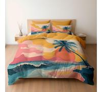 Single Duvet Set, Summer Vintage Animation Sunset Waves Premium Brushed Microfiber 135 x 200 cm, Ultra Soft Reversible Luxury Quilt Cover Bedding Set With Zipper Closure, Golden Yellow