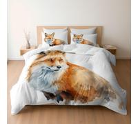 Single Duvet Set, Watercolor Minimal Animal Fox Premium Brushed Microfiber 135 x 200 cm, Ultra Soft Reversible Luxury Quilt Cover Bedding Set With Zipper Closure, White